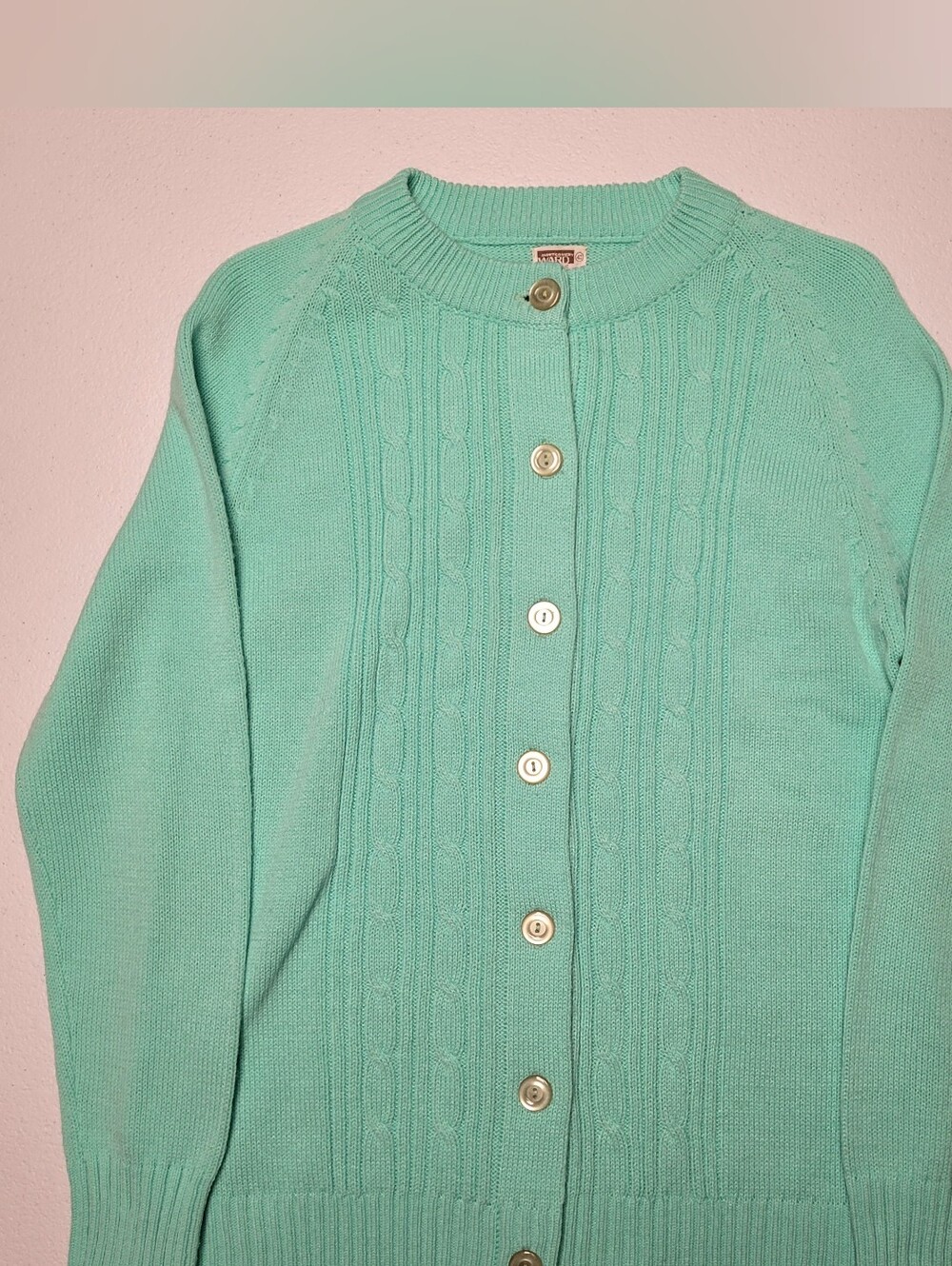 Vtg Montgomery Ward Womens S Green Cable Knit Cardigan Sweater Grannycore Flaw